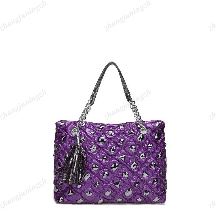 Fabric Purse Shoulder Hand Bag Tote Satchel Bejeweled Rhinestone Tassel Quilted