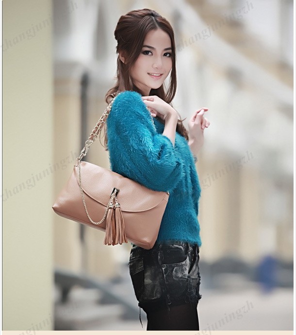 Real Genuine Leather Purse Shoulder Baguette Evening Hand Bag Chain Tassel Women