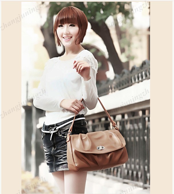 Real Genuine Leather Purse Shoulder Messenger Baguette Hand Bag Fold Waves Women