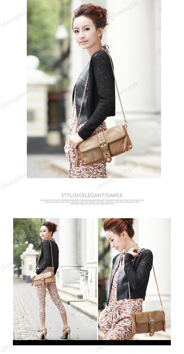 Genuine Leather Purse Shoulder Baguette Hand Bag Clutch Pouchette Chain Tassel