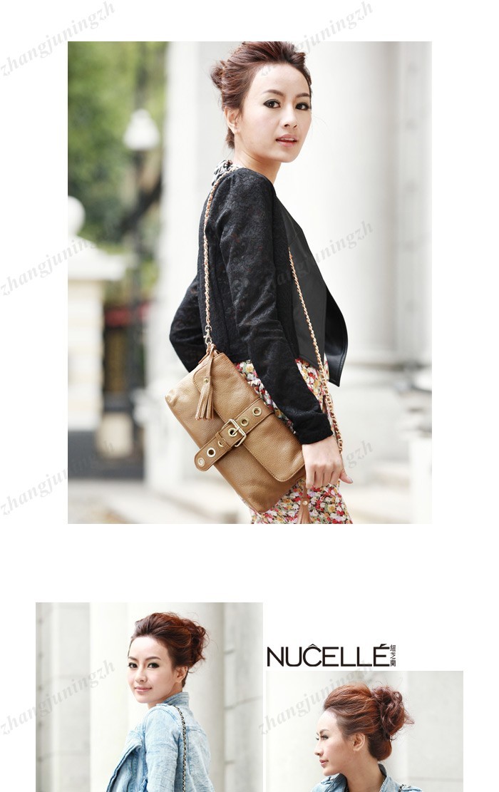 Genuine Leather Purse Shoulder Baguette Hand Bag Clutch Pouchette Chain Tassel