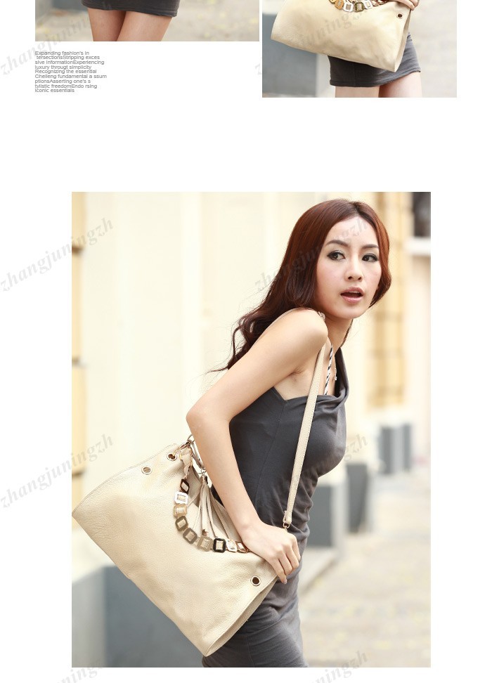 Real Genuine Leather Purse Shoulder Bag Handbag Tote Metallic Chain Tassel Grommet Women Lady Fashion New