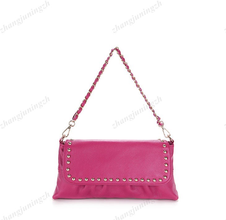 Real Genuine Leather Purse Shoulder Clutch Baguette Bag Handbag Chain Rivet Fold