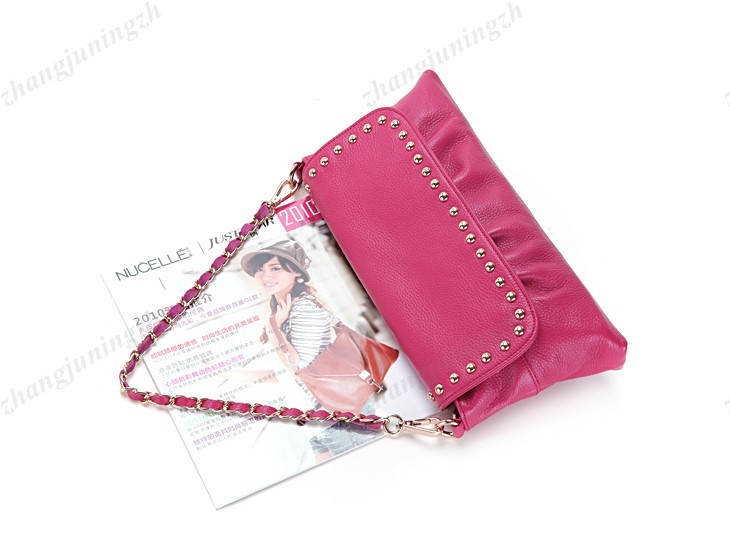 Real Genuine Leather Purse Shoulder Clutch Baguette Bag Handbag Chain Rivet Fold