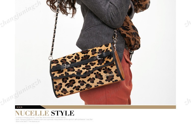 Real Genuine Leather Fur Purse Clutch Baguette Shoulder Strap Bag Leopard Chain