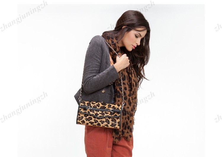 Real Genuine Leather Fur Purse Clutch Baguette Shoulder Strap Bag Leopard Chain