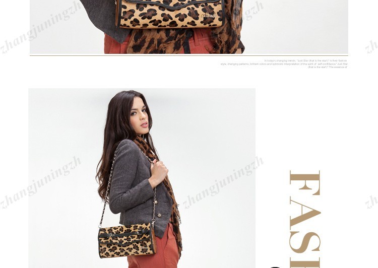 Real Genuine Leather Fur Purse Clutch Baguette Shoulder Strap Bag Leopard Chain