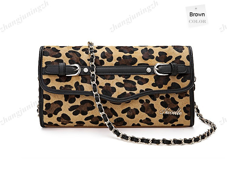 Real Genuine Leather Fur Purse Clutch Baguette Shoulder Strap Bag Leopard Chain