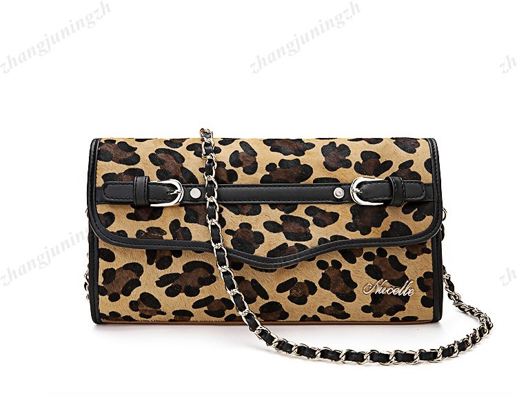 Real Genuine Leather Fur Purse Clutch Baguette Shoulder Strap Bag Leopard Chain