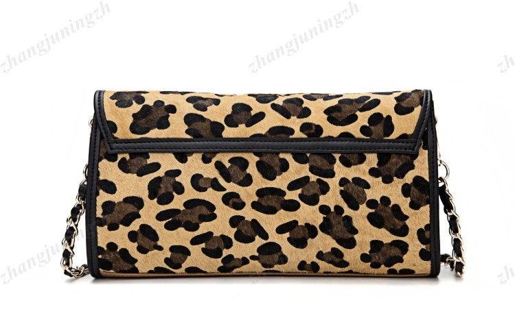 Real Genuine Leather Fur Purse Clutch Baguette Shoulder Strap Bag Leopard Chain