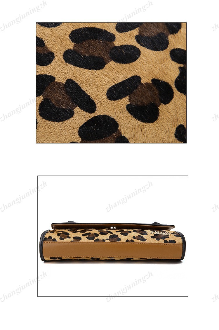 Real Genuine Leather Fur Purse Clutch Baguette Shoulder Strap Bag Leopard Chain