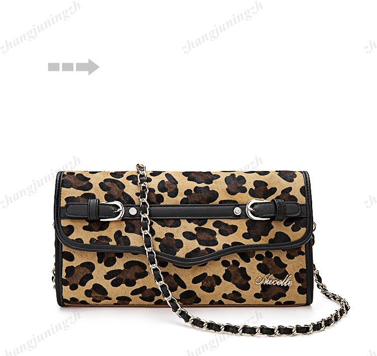 Real Genuine Leather Fur Purse Clutch Baguette Shoulder Strap Bag Leopard Chain