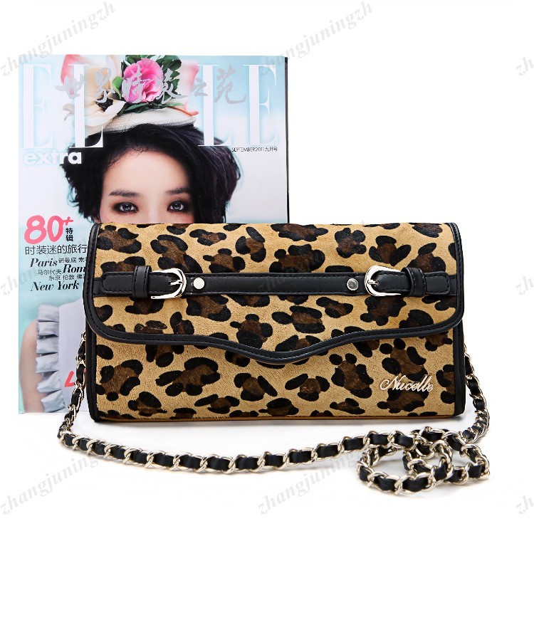 Real Genuine Leather Fur Purse Clutch Baguette Shoulder Strap Bag Leopard Chain