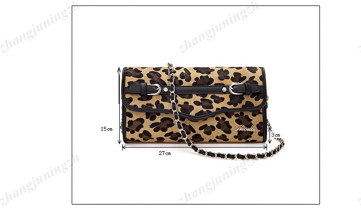 Real Genuine Leather Fur Purse Clutch Baguette Shoulder Strap Bag Leopard Chain