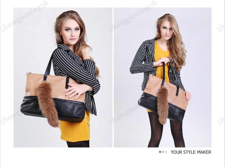 Faux Leather Purse Shoulder Bag Handbag Large Fur Tote Fox Tail Party Fashion