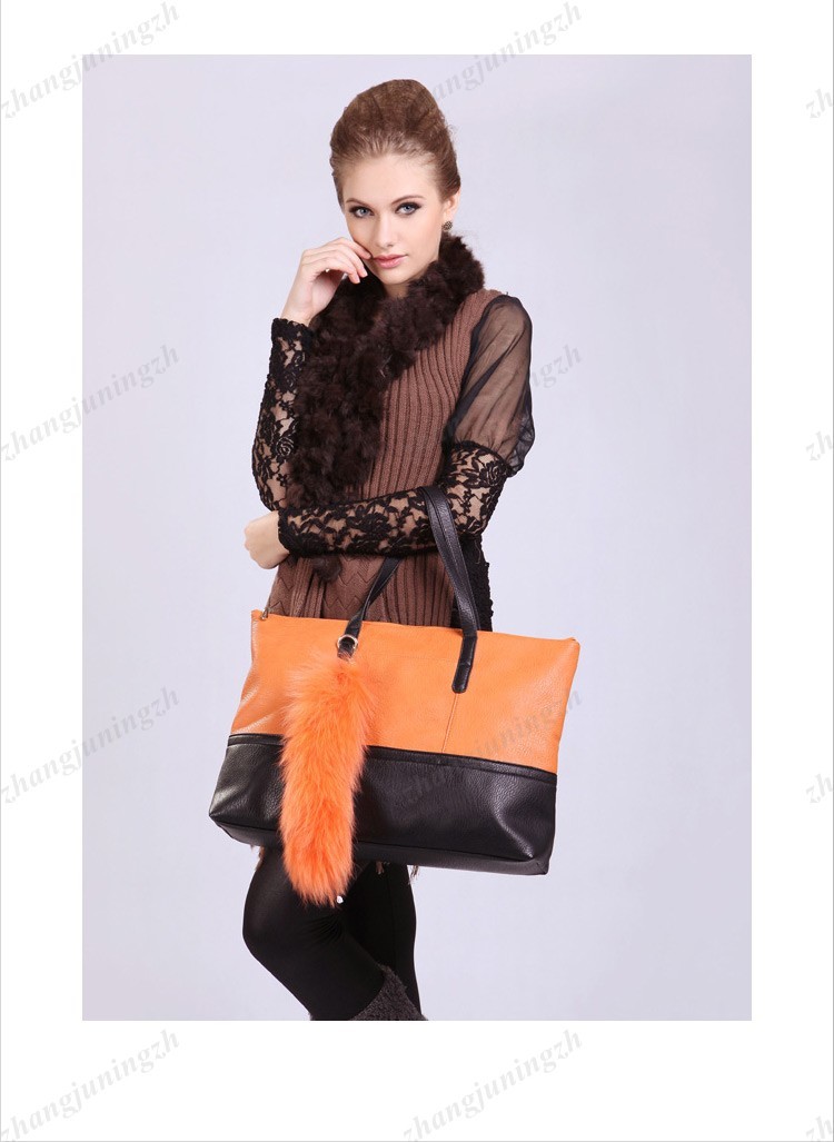 Faux Leather Purse Shoulder Bag Handbag Large Fur Tote Fox Tail Party Fashion