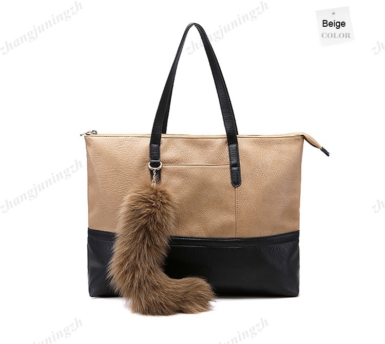 Faux Leather Purse Shoulder Bag Handbag Large Fur Tote Fox Tail Party Fashion