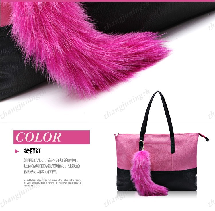 Faux Leather Purse Shoulder Bag Handbag Large Fur Tote Fox Tail Party Fashion