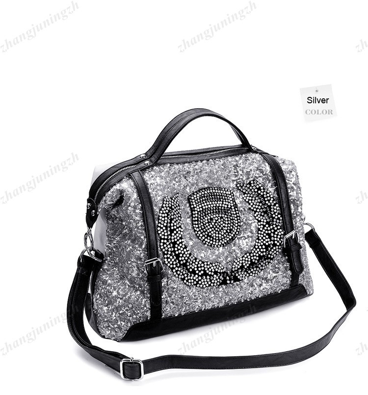 Faux Leather Rhinestone Sequins Paillette Bling Purse Satchel Shoulder Hand Bag