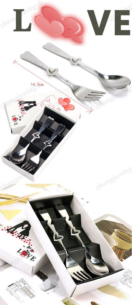 Love Heart-Shape Handle Stainless Steel Fork Spoon Flatware Tableware Set New