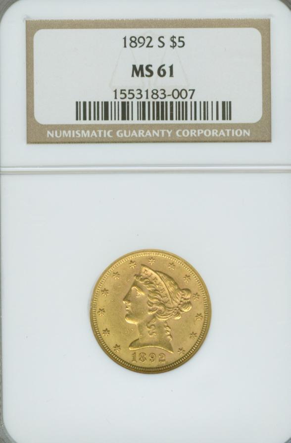 hitahomer-07 : 1892-S . $5.00 Liberty Half Eagle Gold Coin . NGC MS61