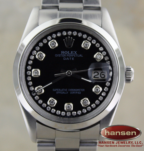 MEN ROLEX STAINLESS STEEL DATE BLACK DIAMOND DIAL WATCH