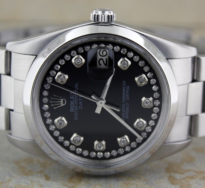 MEN ROLEX STAINLESS STEEL DATE BLACK DIAMOND DIAL WATCH