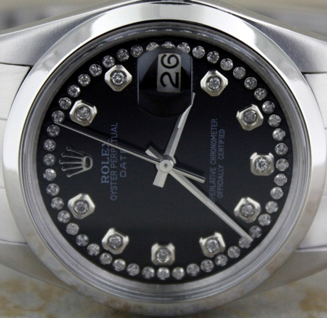 MEN ROLEX STAINLESS STEEL DATE BLACK DIAMOND DIAL WATCH