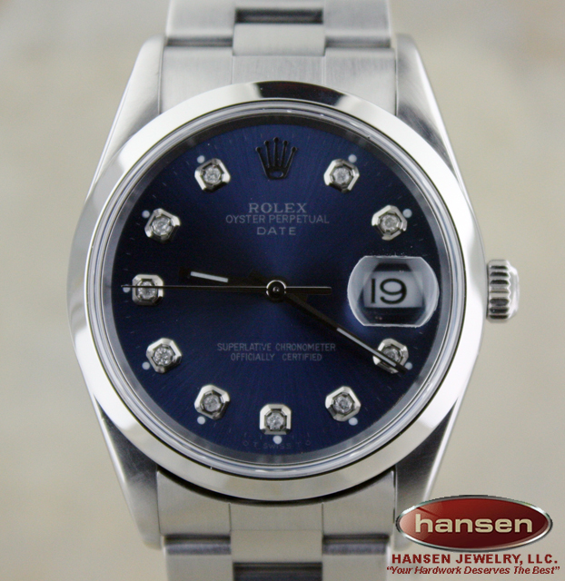 MENS ROLEX STAINLESS STEEL DATE BLUE DIAMOND DIAL WATCH