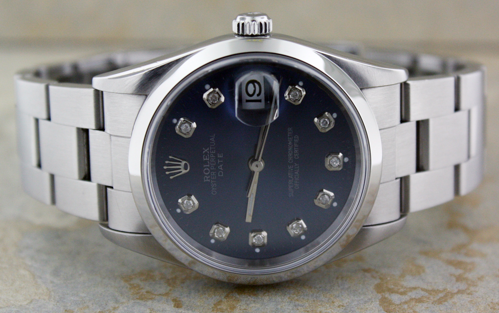 MENS ROLEX STAINLESS STEEL DATE BLUE DIAMOND DIAL WATCH