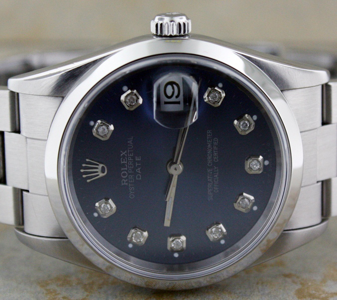 MENS ROLEX STAINLESS STEEL DATE BLUE DIAMOND DIAL WATCH