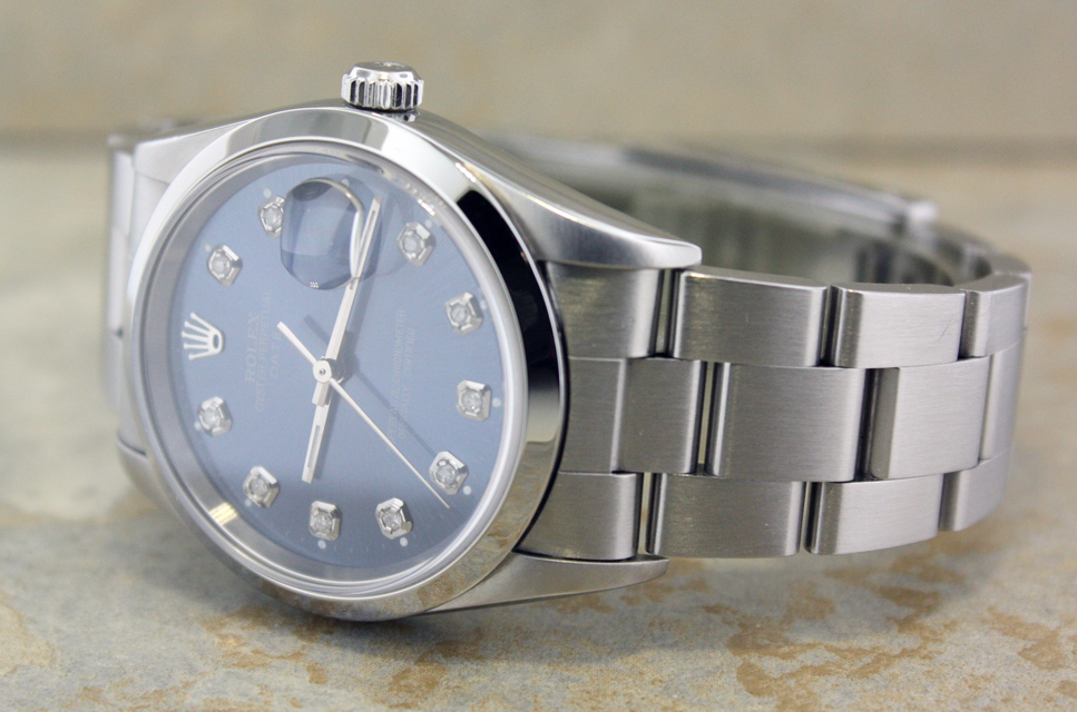 MENS ROLEX STAINLESS STEEL DATE BLUE DIAMOND DIAL WATCH