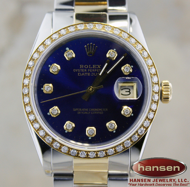 MENS ROLEX 18K GOLD/SS DATEJUST BLUE DIAMOND DIAL WATCH