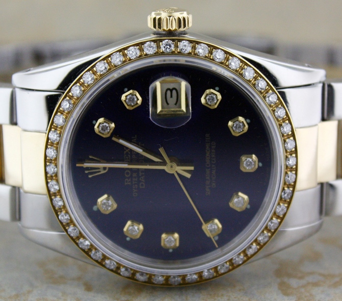 MENS ROLEX 18K GOLD/SS DATEJUST BLUE DIAMOND DIAL WATCH