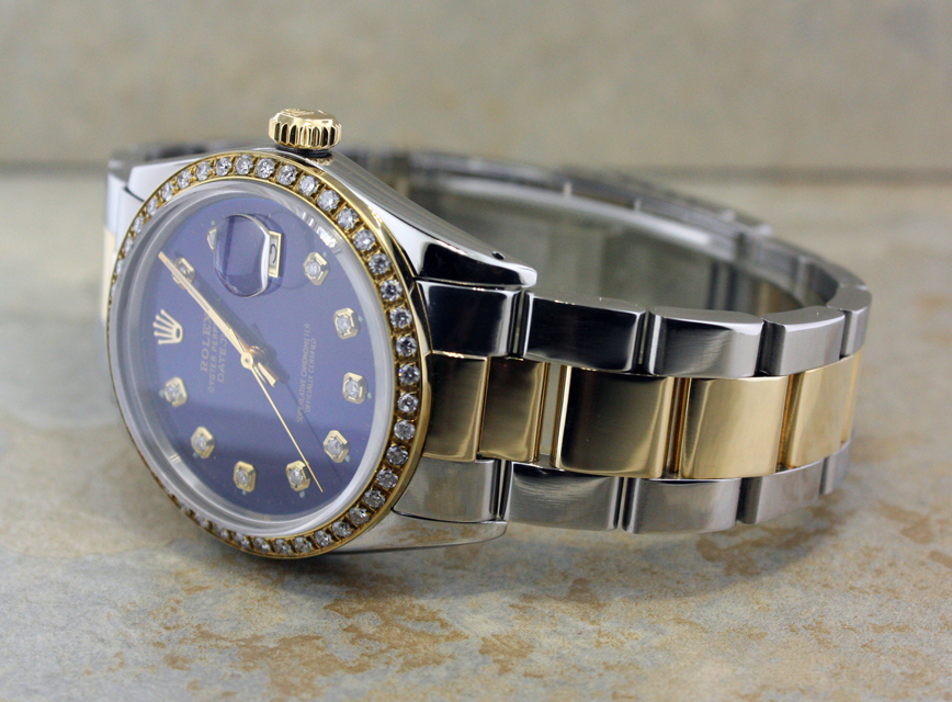 MENS ROLEX 18K GOLD/SS DATEJUST BLUE DIAMOND DIAL WATCH