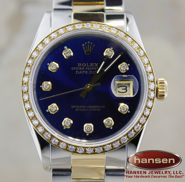 MENS ROLEX 18K GOLD/SS DATEJUST BLUE DIAMOND DIAL WATCH