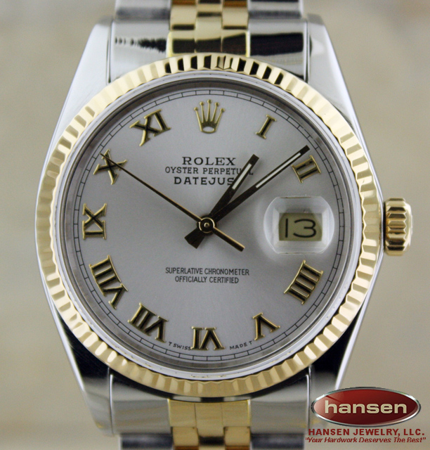 MEN ROLEX 18K GOLD/SS DATEJUST RHODIUM ROMAN DIAL WATCH