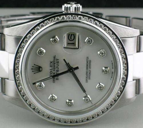 MENS ROLEX 18K GOLD/SS DATEJUST WHITE MOP DIAMOND DIAL