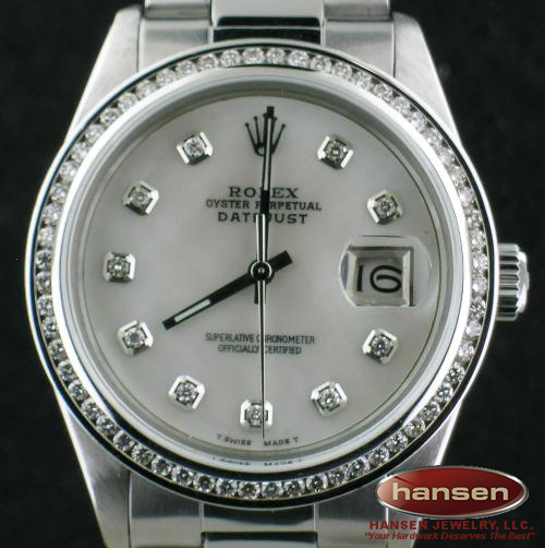 MENS ROLEX 18K GOLD/SS DATEJUST WHITE MOP DIAMOND DIAL