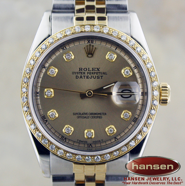 MENS ROLEX 18K GOLD/SS DATEJUST CHAMPAGNE DIAMOND BEZEL