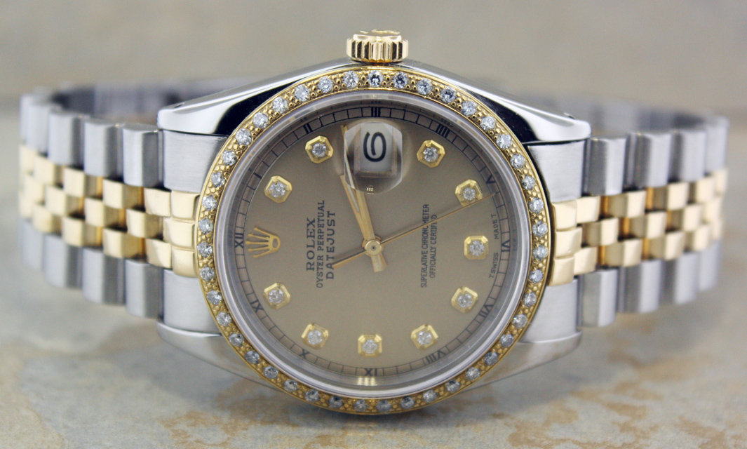 MENS ROLEX 18K GOLD/SS DATEJUST CHAMPAGNE DIAMOND BEZEL