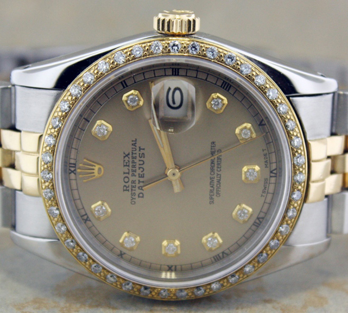 MENS ROLEX 18K GOLD/SS DATEJUST CHAMPAGNE DIAMOND BEZEL