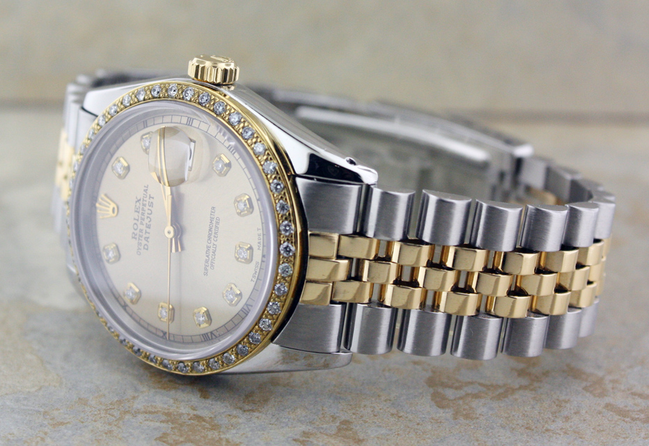 MENS ROLEX 18K GOLD/SS DATEJUST CHAMPAGNE DIAMOND BEZEL