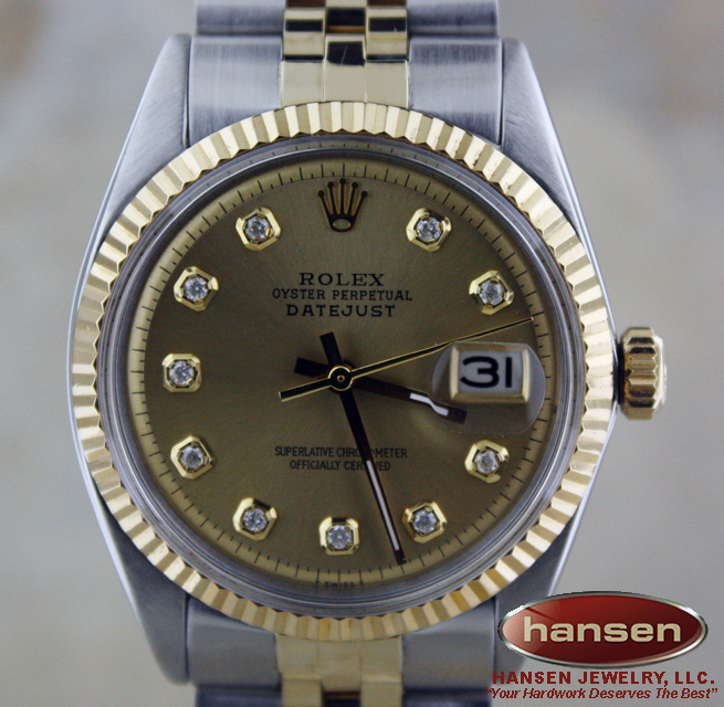 MENS ROLEX 18K GOLD/SS DATEJUST CHAMPAGNE DIAMOND WATCH