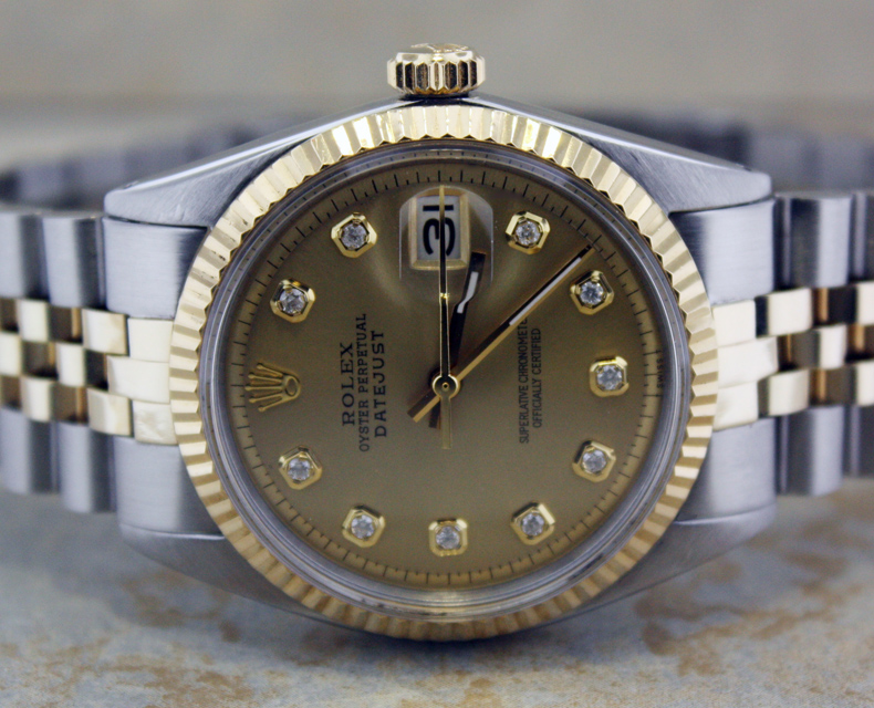 MENS ROLEX 18K GOLD/SS DATEJUST CHAMPAGNE DIAMOND WATCH