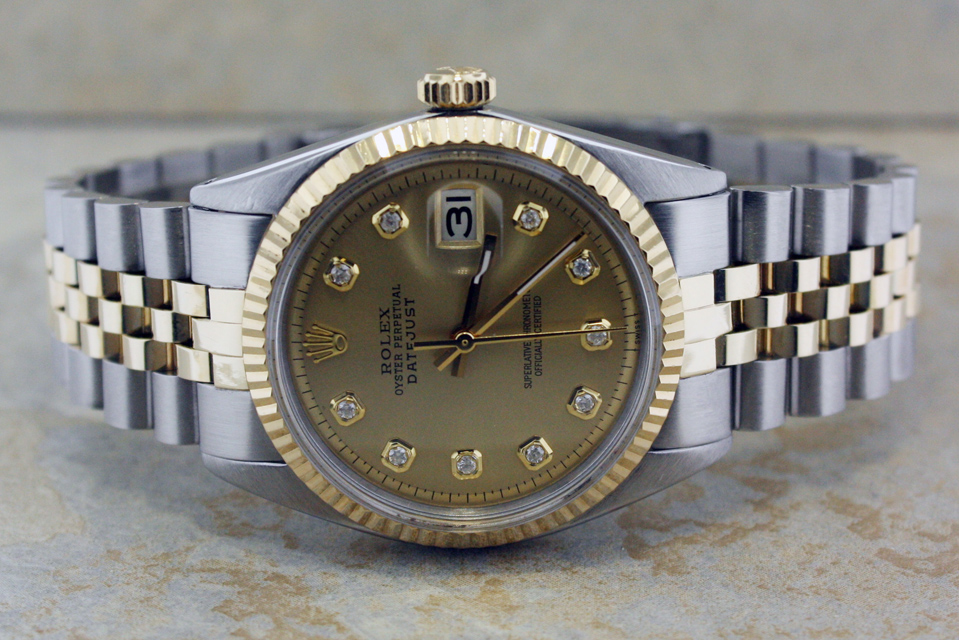 MENS ROLEX 18K GOLD/SS DATEJUST CHAMPAGNE DIAMOND WATCH