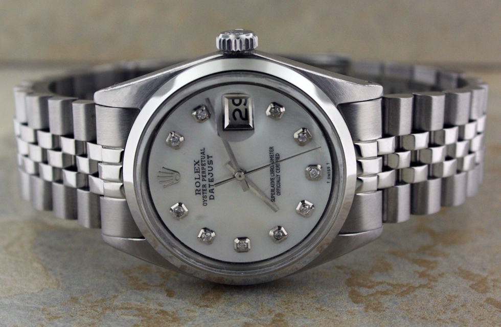 MEN'S ROLEX SS DATEJUST WHITE MOP DIAMOND DIAL WATCH