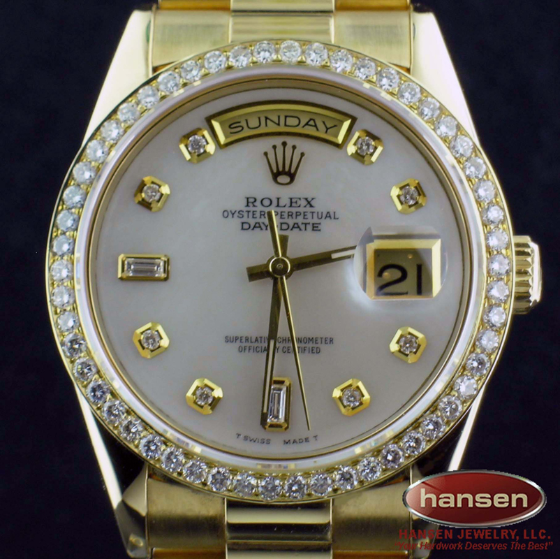 MEN ROLEX 18K GOLD DAY-DATE WHITE MOP DIAMOND PRESIDENT