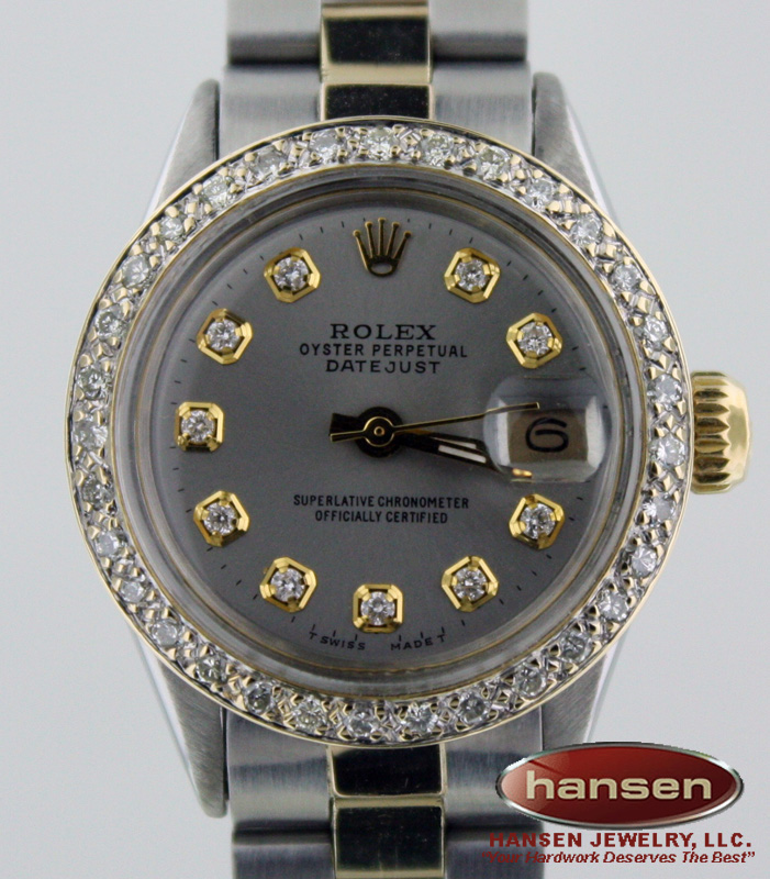 LADIES ROLEX 18K GOLD/SS DATEJUST SLATE DIAMOND WATCH