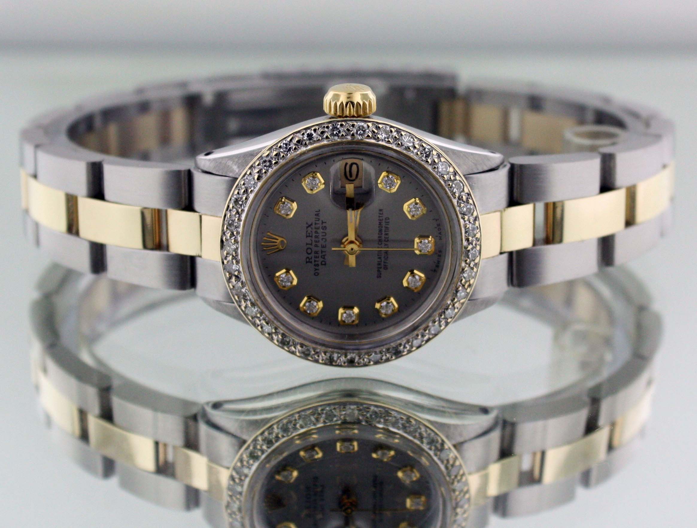 LADIES ROLEX 18K GOLD/SS DATEJUST SLATE DIAMOND WATCH